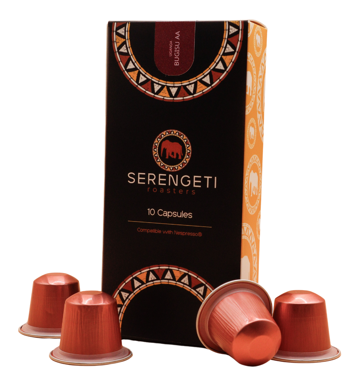 Serengeti Roasters Bugisu AA single-origin coffee from Uganda in Nespresso®-compatible capsules – full-bodied with blackcurrant, cocoa and spiced undertones.