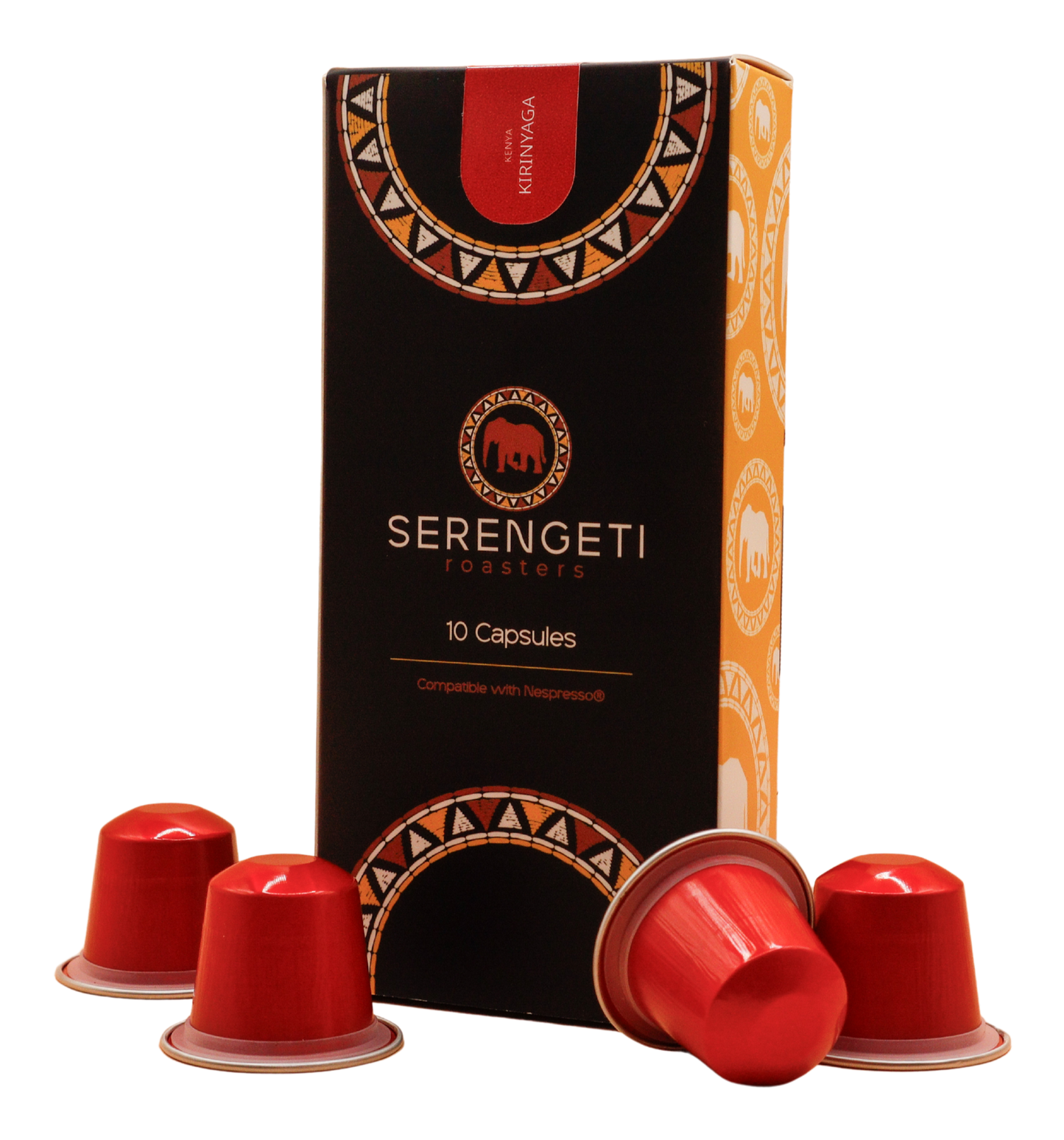 Serengeti Roasters Kirinyaga single-origin coffee from Kenya in Nespresso®-compatible capsules – bright and juicy with blackcurrant, citrus and caramel notes.