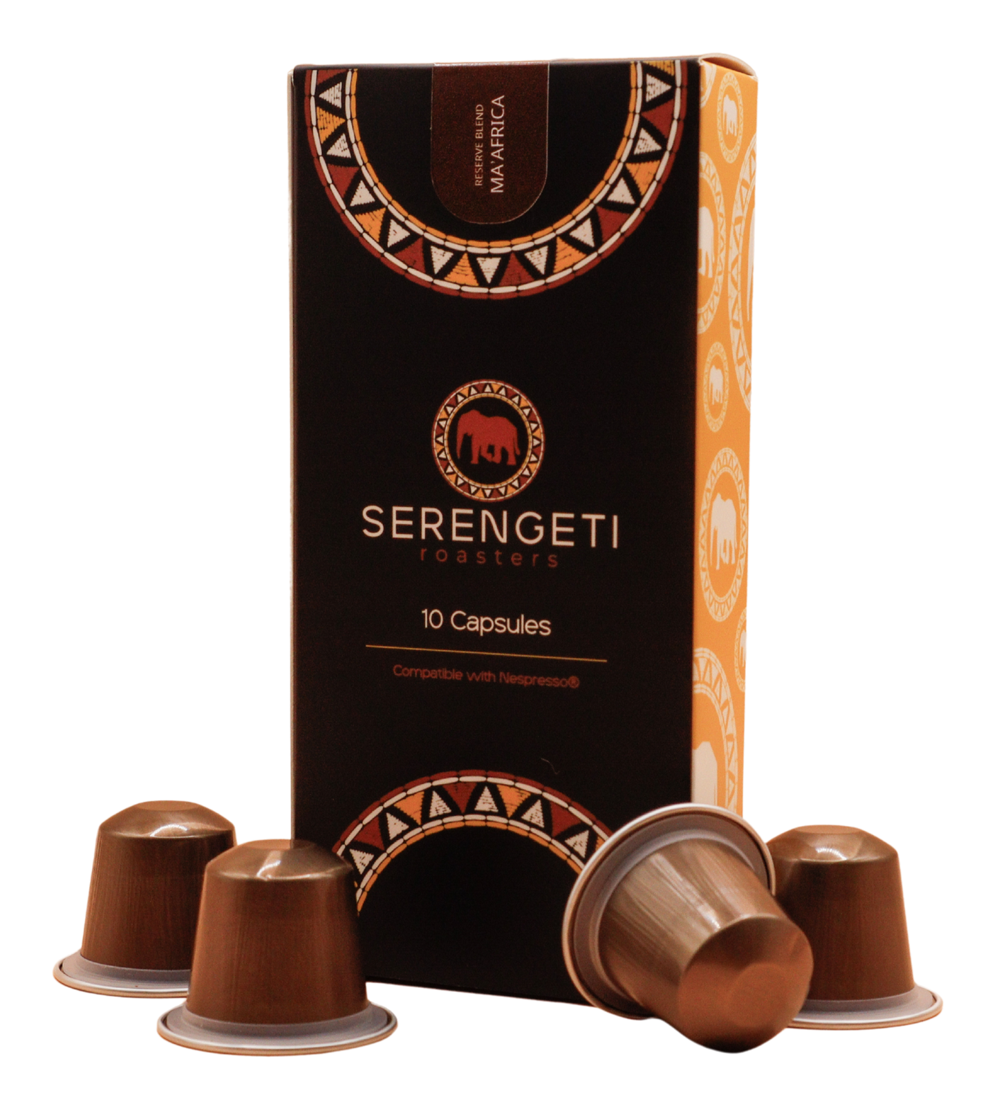 Serengeti Roasters Ma’Africa Nespresso-compatible capsules – African espresso blend with chocolate, caramel, and dried berry flavour notes.