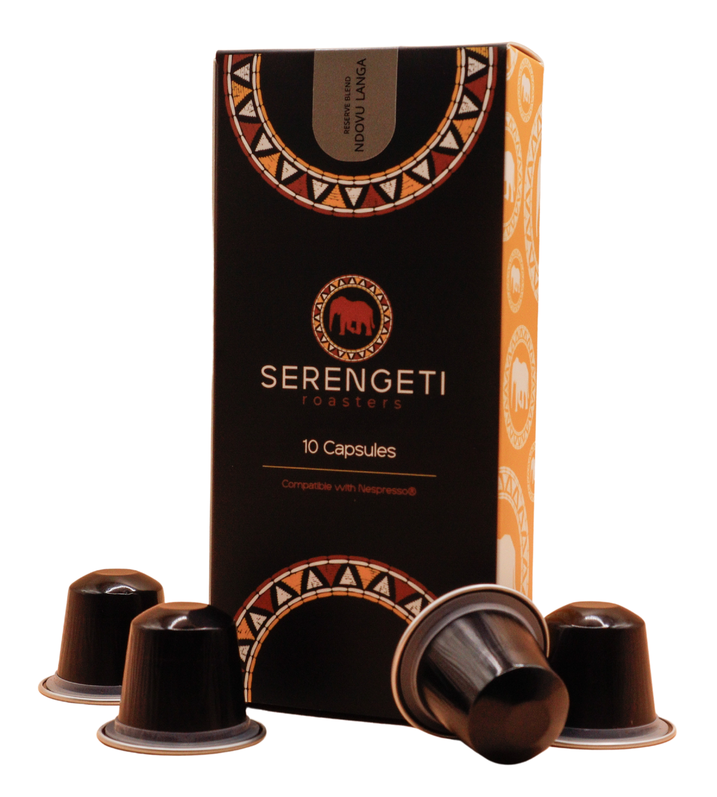 Serengeti Roasters Ndovu Langa Nespresso Capsules – Bold African medium-dark espresso with dark chocolate, berry and molasses notes.