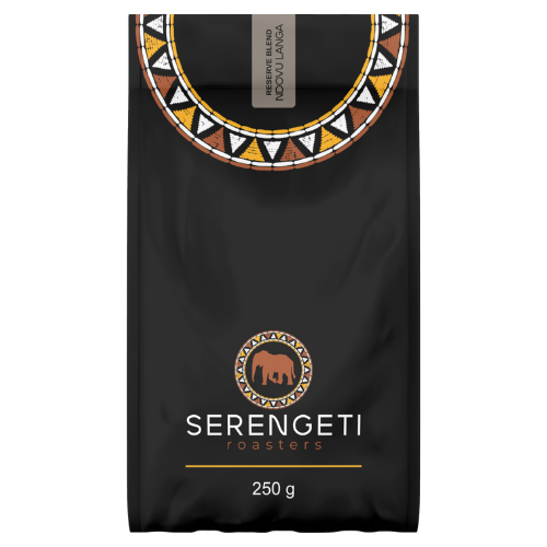 Serengeti Roasters Ndovu Langa Coffee Blend – Medium-dark roast with African dark chocolate, molasses and berry notes from Uganda and Kenya.