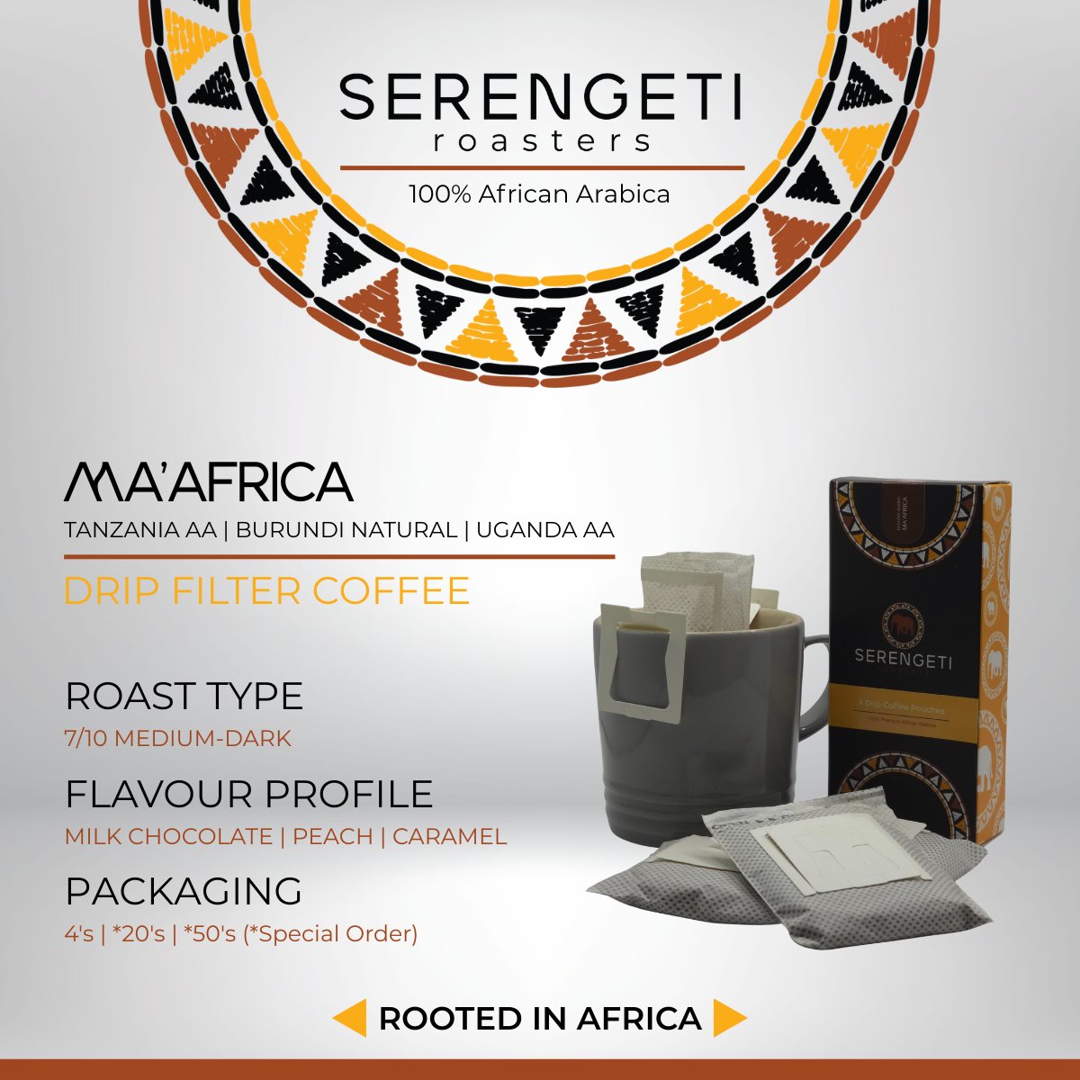 Ma’Africa Reserve Blend Pour-Over Coffee pouch with featured design overlay showing flavour profile, medium-dark roast level, packaging options, grind type, and tasting notes. Premium East and Central African Arabica coffee for drip and pour-over brewing, delivering smooth chocolate, caramel sweetness, and subtle fruit lift.