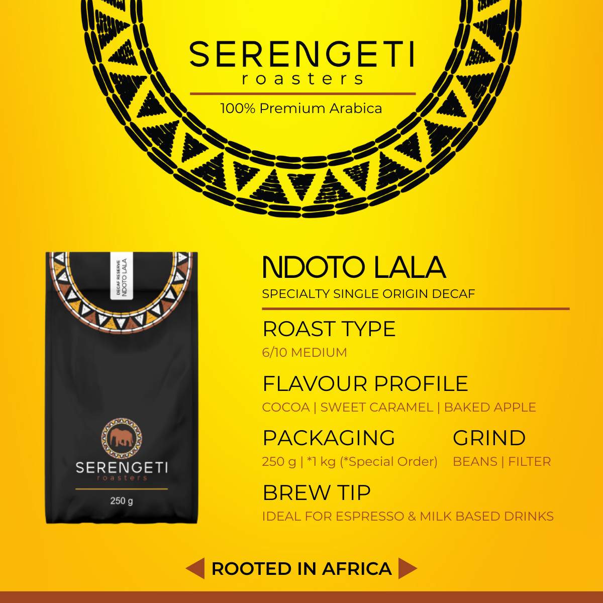Ndoto Lala decaf coffee banner showing product bag with medium roast level, flavour notes of cocoa, caramel and baked apple, available sizes, and grind options by Serengeti Roasters.