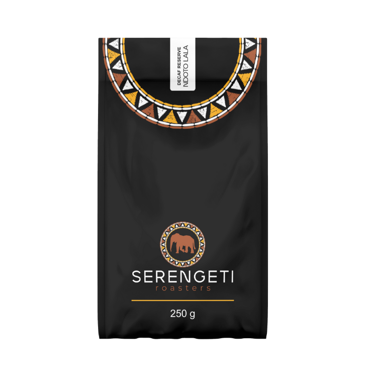 Ndoto Lala decaf coffee by Serengeti Roasters – premium water-processed 100% Arabica decaffeinated beans with cocoa, caramel and baked-apple flavour notes in medium roast packaging.