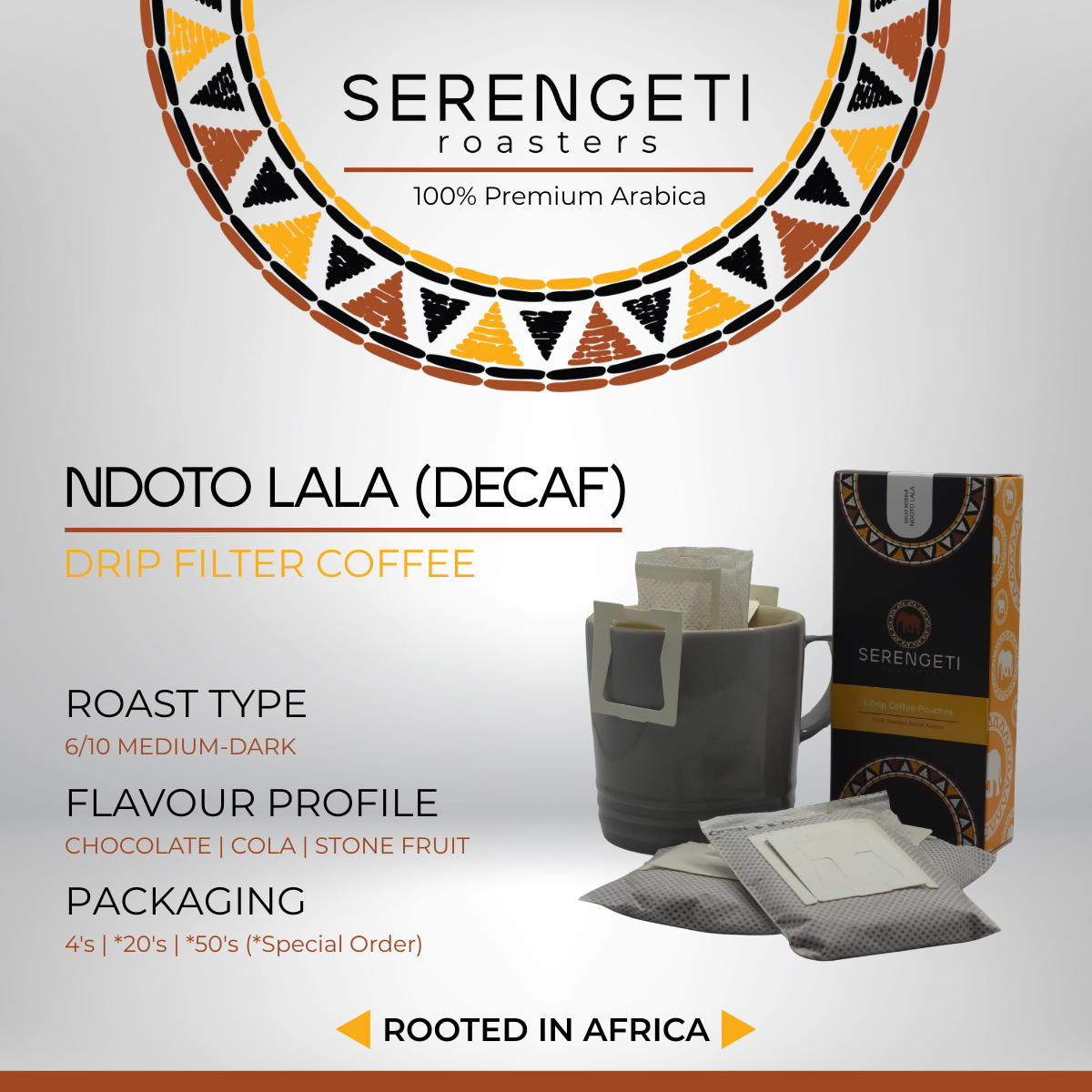 Ndoto Lala Decaf Reserve Pour-Over Coffee pouch with featured design overlay showing flavour profile, medium roast, packaging options, grind type, and tasting notes. Premium water-processed Arabica for drip and pour-over brewing, delivering smooth chocolate, cola, and subtle stone fruit flavours.