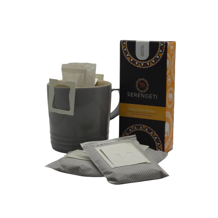 Ndoto Lala Decaf Reserve Pour-Over Coffee pouch and four-pack presentation. Includes pouch in mug illustration and two loose pouches, highlighting premium water-processed Arabica with chocolate, cola, and stone fruit notes. Filter coffee packed fresh for pour-over brewing.