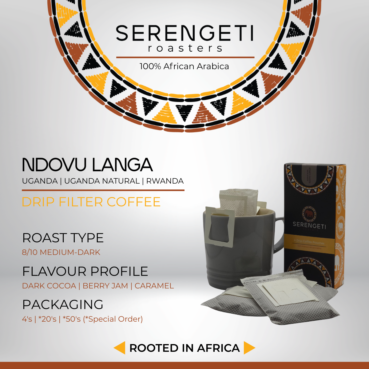 Ndovu Langa pour-over coffee design showing packaging, flavour profile, roast level, and available pack options by Serengeti Roasters.
