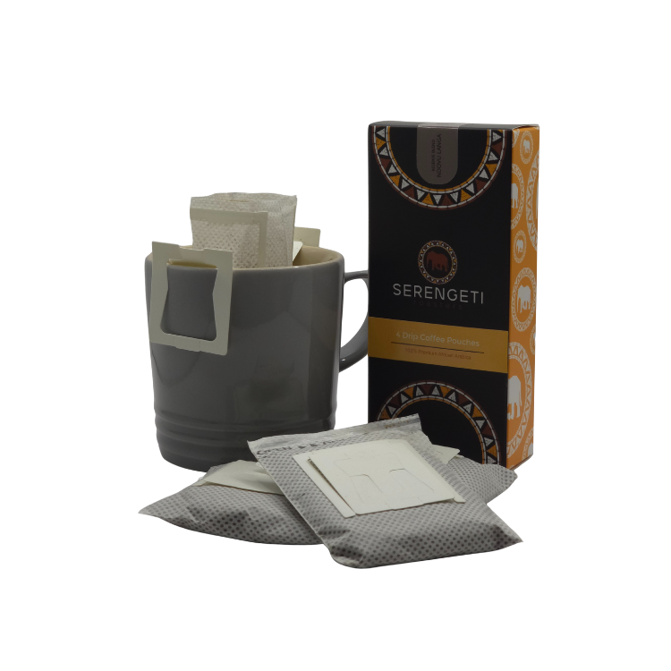 Ndovu Langa pour-over coffee pouches by Serengeti Roasters, showing drip coffee pouch in mug with illustration and four individually packed filter bags.