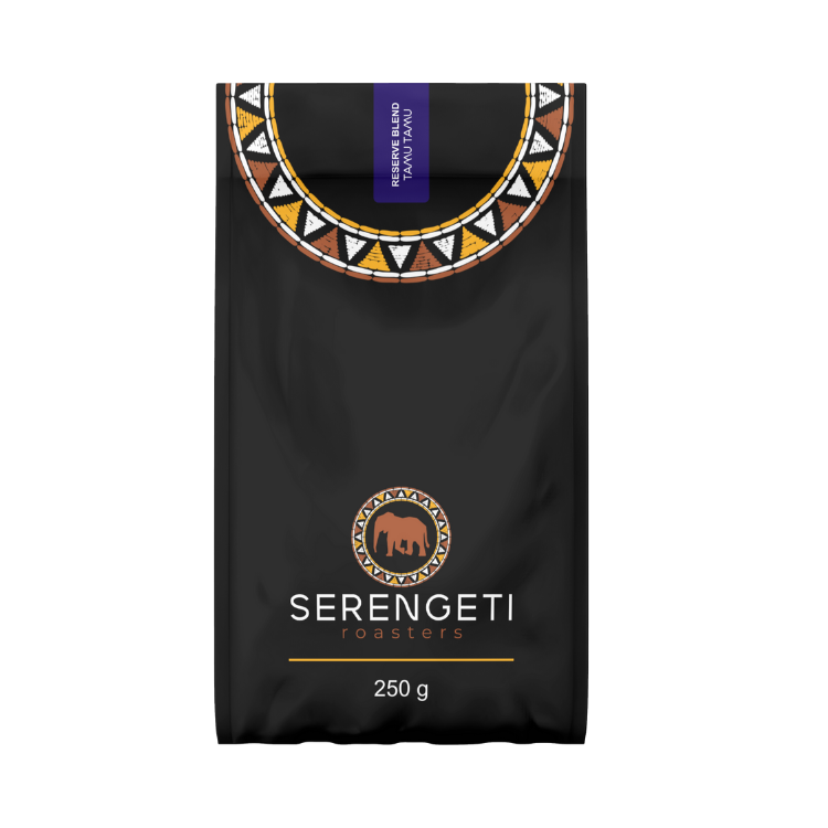 Tamu Tamu Reserve Blend 250 g whole bean coffee pouch with African chocolate, caramel, and red fruit notes, premium medium roast, ethically sourced.