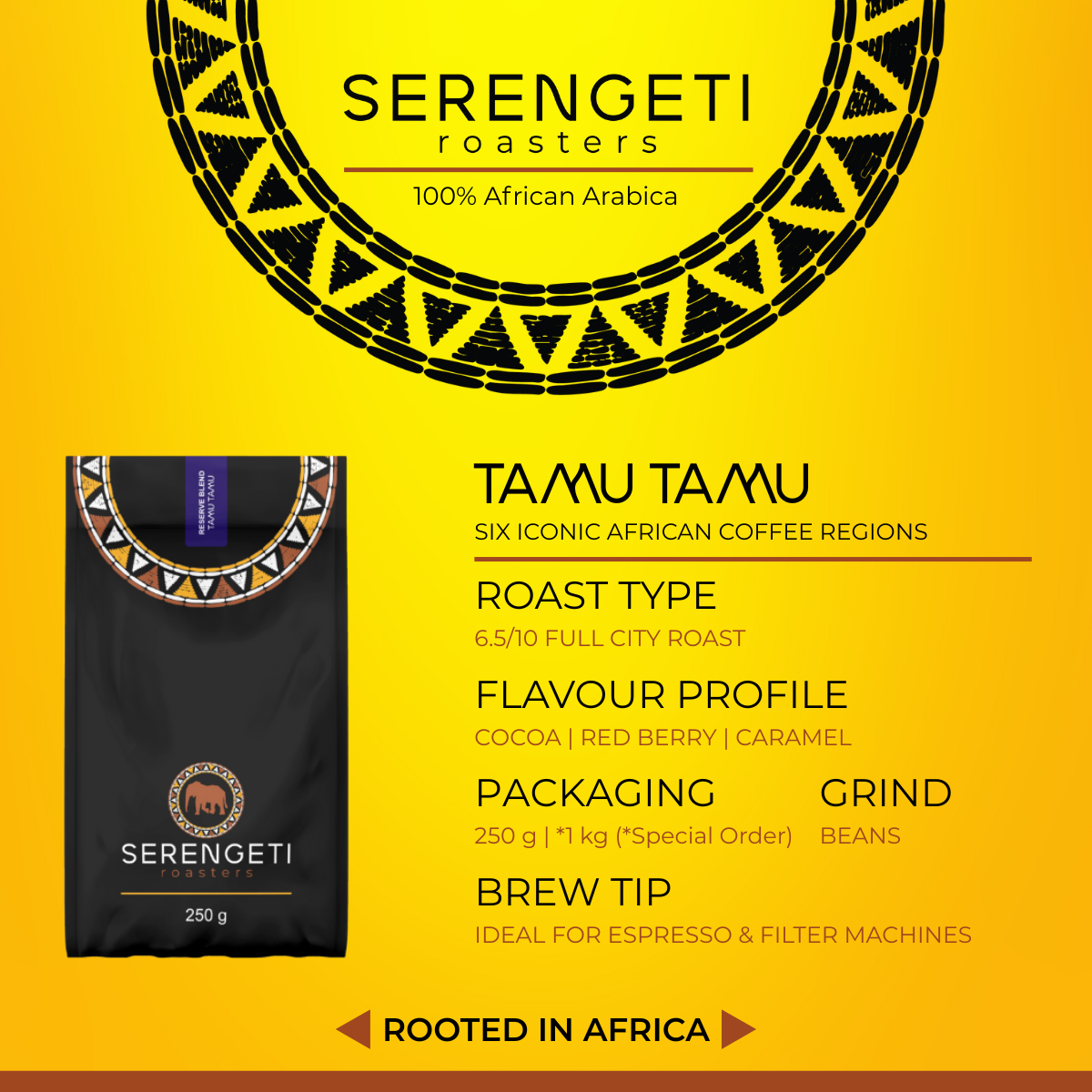 Tamu Tamu Reserve Blend coffee pouch with flavor profile, medium roast level, packaging options, grind type, and 250 g whole bean details.