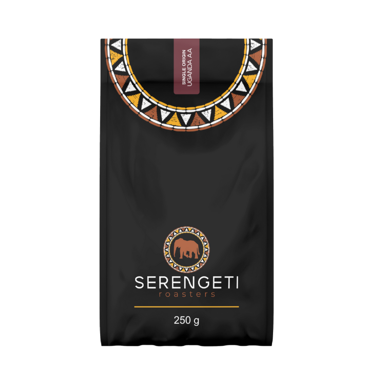 Serengeti Roasters Bugisu AA Coffee Beans – Uganda Single Origin Medium-Dark Roast with Fudge and Chocolate Notes.