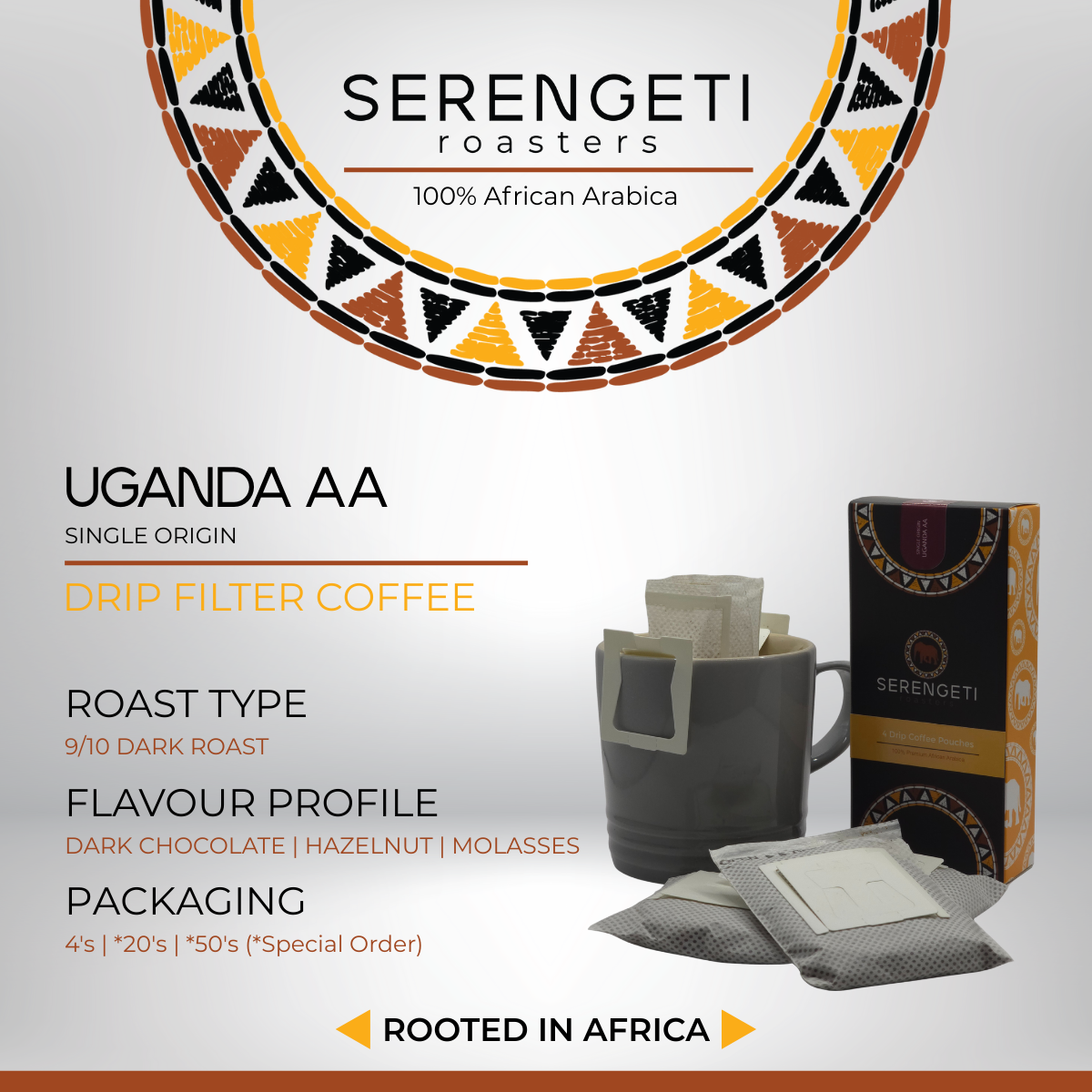 Uganda AA drip coffee packaging showing dark roast level, flavour notes, pack size options and premium African Arabica filter coffee details