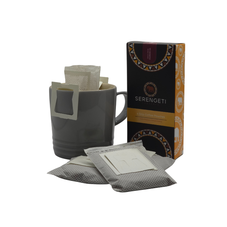 Uganda AA drip coffee pouch with mug illustration and four-pack filter coffee sachets, showcasing African dark roast flavour profile